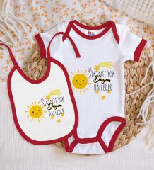 BK Kids Sıkıntı Yok Dayım Halleder Tasarımlı Kırmızı Bebek Body Zıbın ve Mama Önlüğü Hediye Seti-1