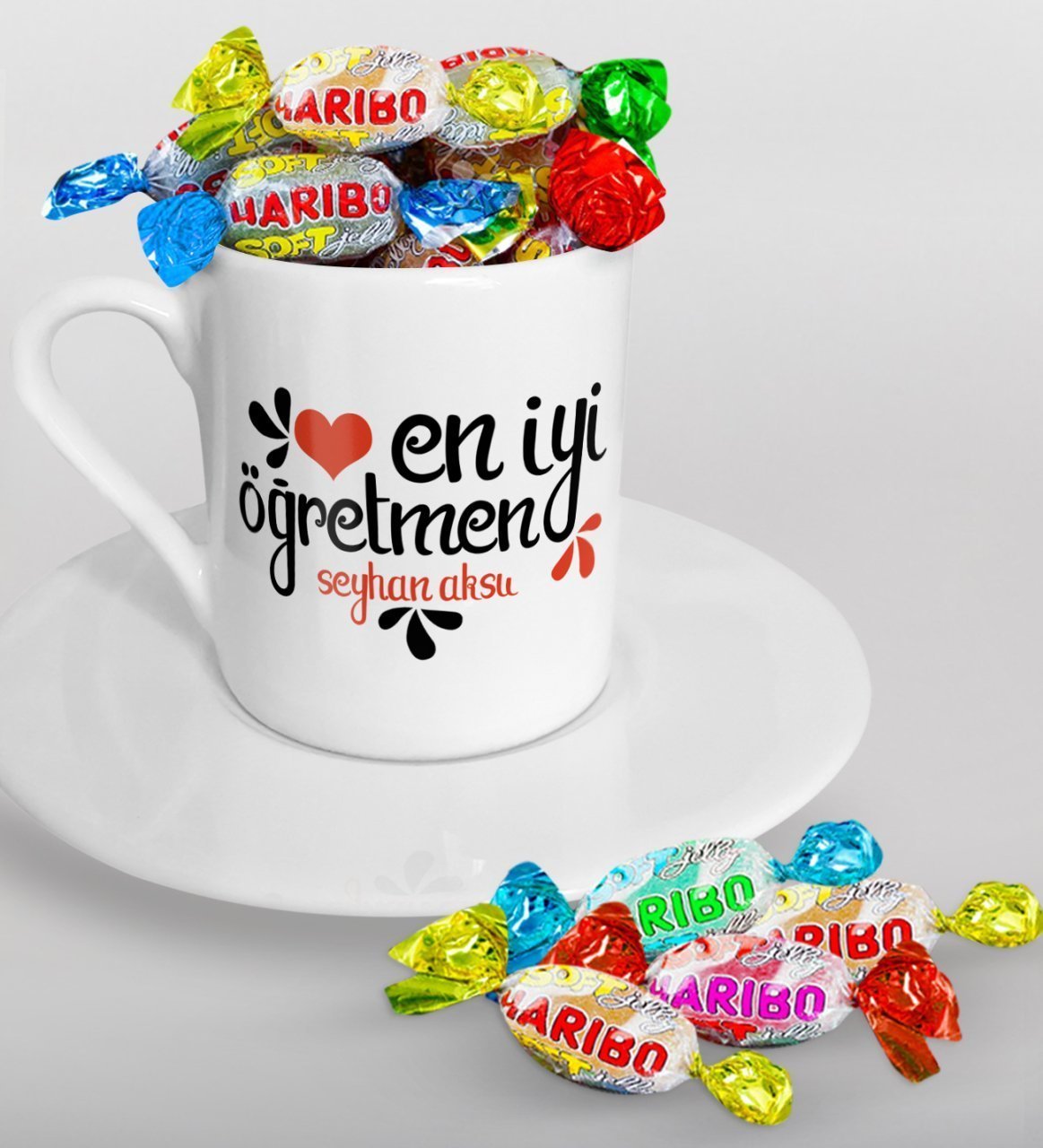 Kişiye Özel En İyi Öğretmen Türk Kahvesi Fincanı ve Haribo Şeker Hediye Seti-6