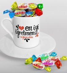 Kişiye Özel En İyi Öğretmen Türk Kahvesi Fincanı ve Haribo Şeker Hediye Seti-6