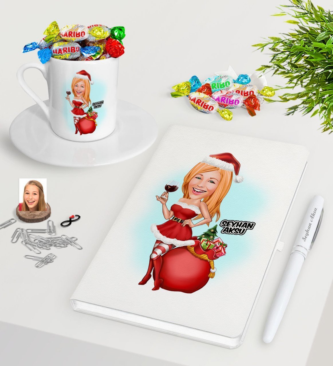 Kişiye Özel Kadın Yeni Yıl Karikatürlü Beyaz Defter Kalem Türk Kahvesi Fincanı ve Haribo Şeker Hediye Seti-1