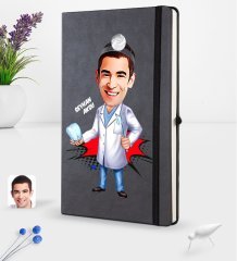 Kişiye Özel Erkek Diş Hekimi Karikatürlü Siyah Termo Deri Defter 16x24cm Model 3