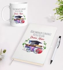 BK Gift Kişiye Özel Öğretmenler Günü Tasarımlı Beyaz Defter Kalem Kupa Seti - 3