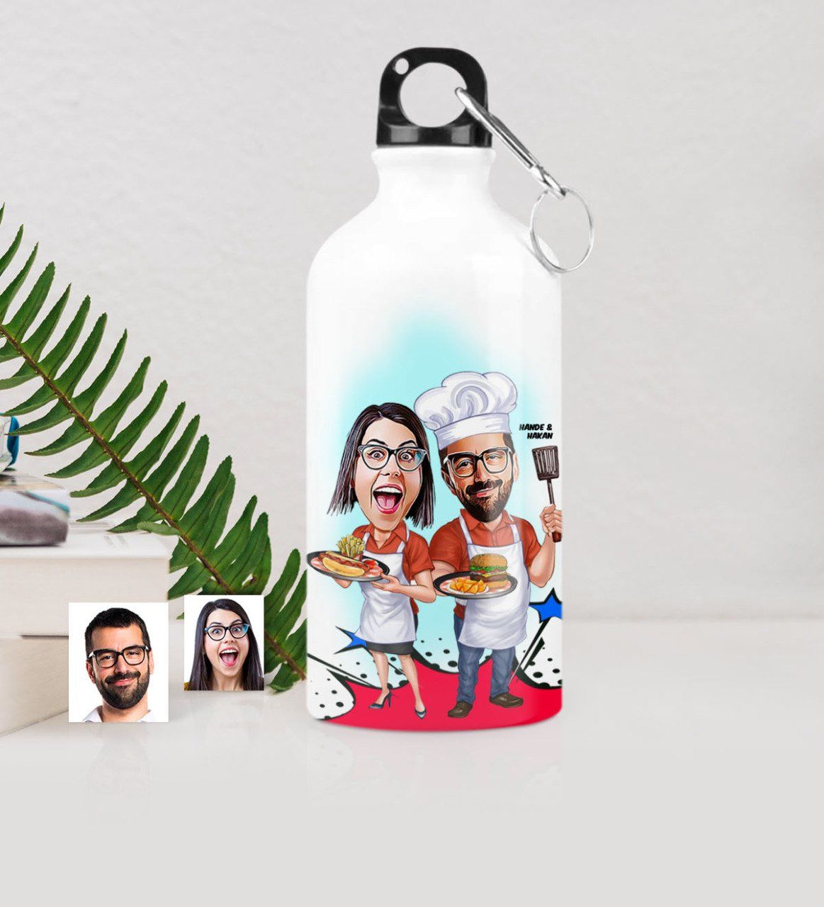 Kişiye Özel Aşçı Çift Karikatürlü Metal Suluk (500 ml.)