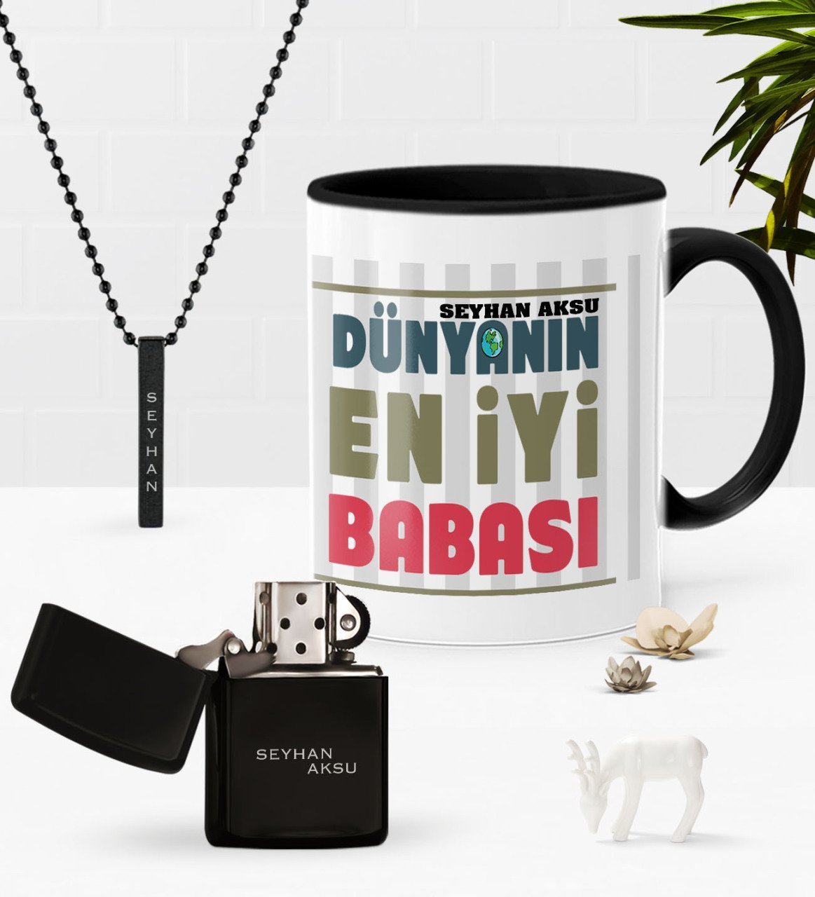 Kişiye Özel Dünyanın En İyi Babası Siyah Kupa Benzinli Çakmak Kolye Seti-1