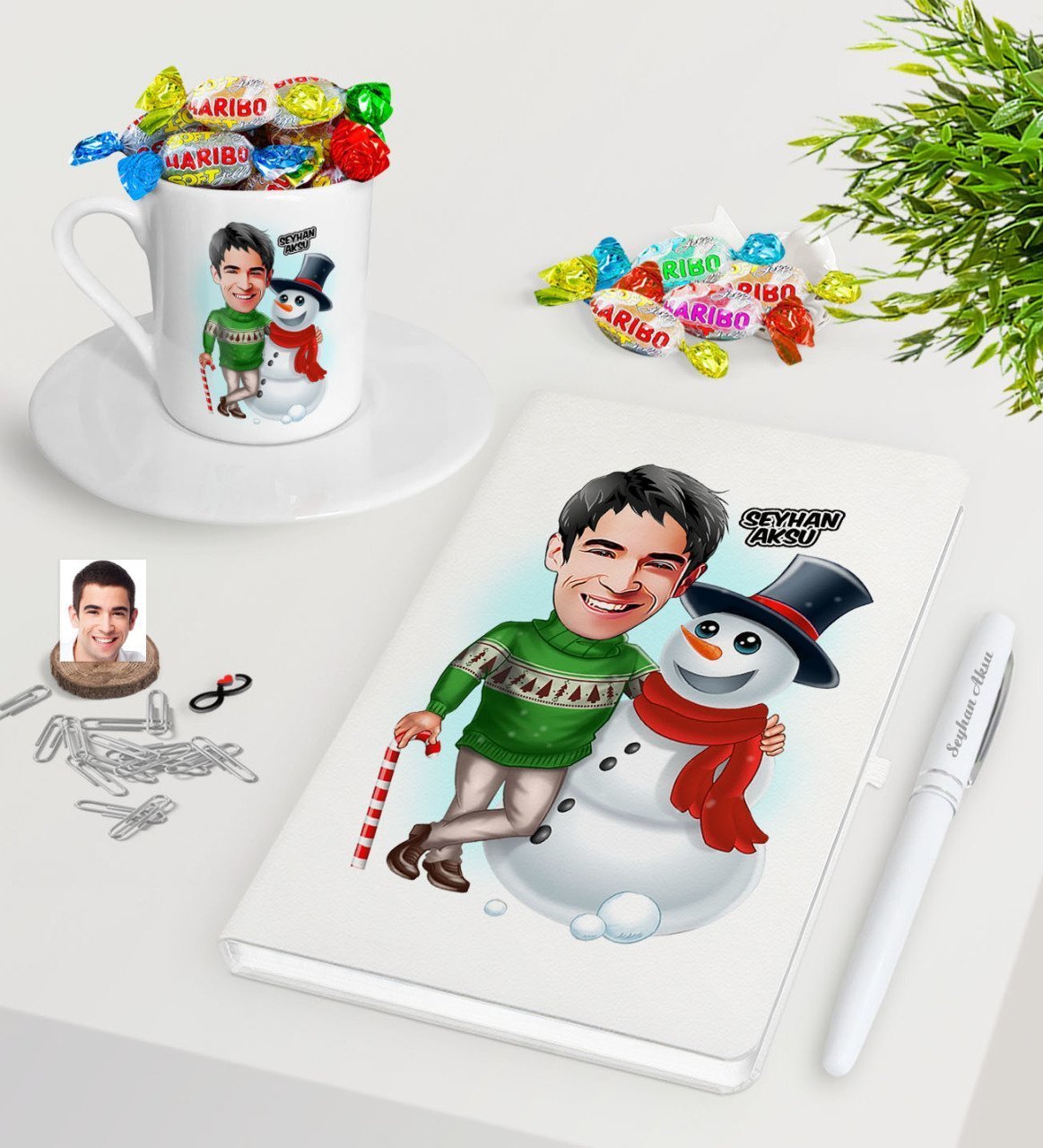 Kişiye Özel Erkek Yeni Yıl Karikatürlü Beyaz Defter Kalem Türk Kahvesi Fincanı ve Haribo Şeker Hediye Seti-5