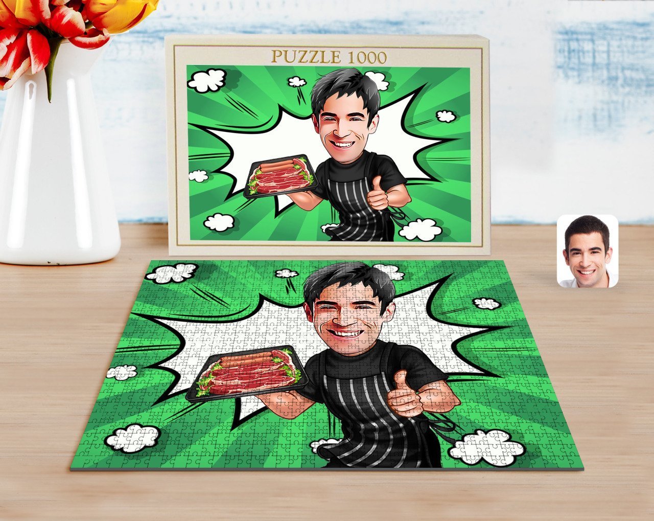 Kişiye Özel Erkek Kasap Karikatürlü 1000 Parça Profesyonel Puzzle-1