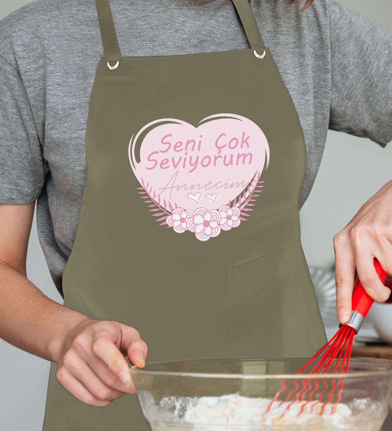 BK Gift Profesyonel Anneler Günü Tasarımlı Haki Mutfak Önlüğü, Aşçı Önlüğü, Şef Önlüğü, Ev Hediyesi, Anneye Hediye-4