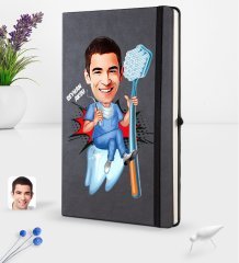 Kişiye Özel Erkek Diş Hekimi Karikatürlü Siyah Termo Deri Defter 16x24cm Model 2