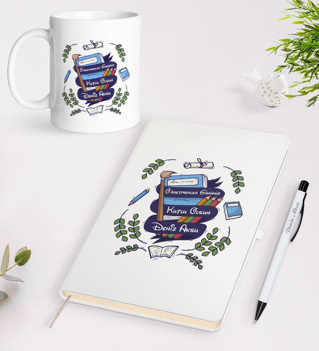 BK Gift Kişiye Özel Öğretmenler Günü Tasarımlı Beyaz Defter Kalem Kupa Seti - 2