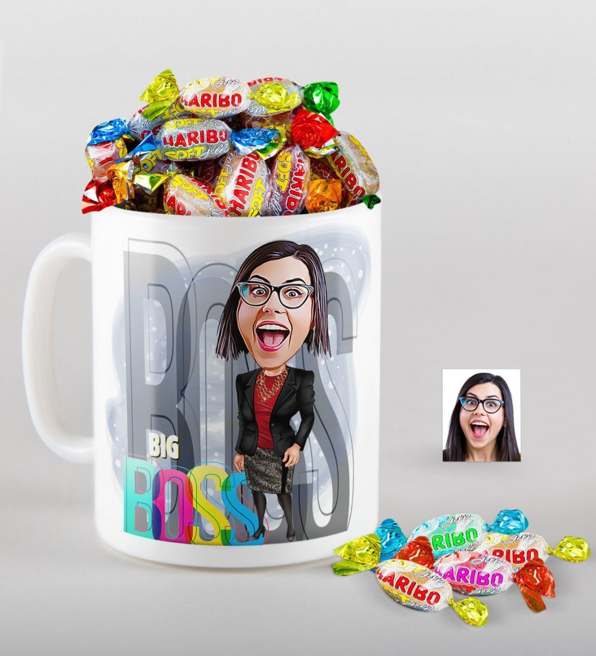 Kişiye Özel Bayan Big Boss Karikatürlü Kupa ve Haribo Şeker Hediye Seti-1