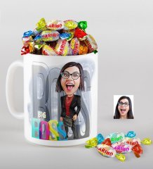 Kişiye Özel Bayan Big Boss Karikatürlü Kupa ve Haribo Şeker Hediye Seti-1