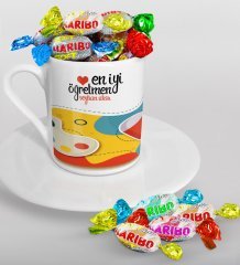 Kişiye Özel En İyi Öğretmen Türk Kahvesi Fincanı ve Haribo Şeker Hediye Seti-4
