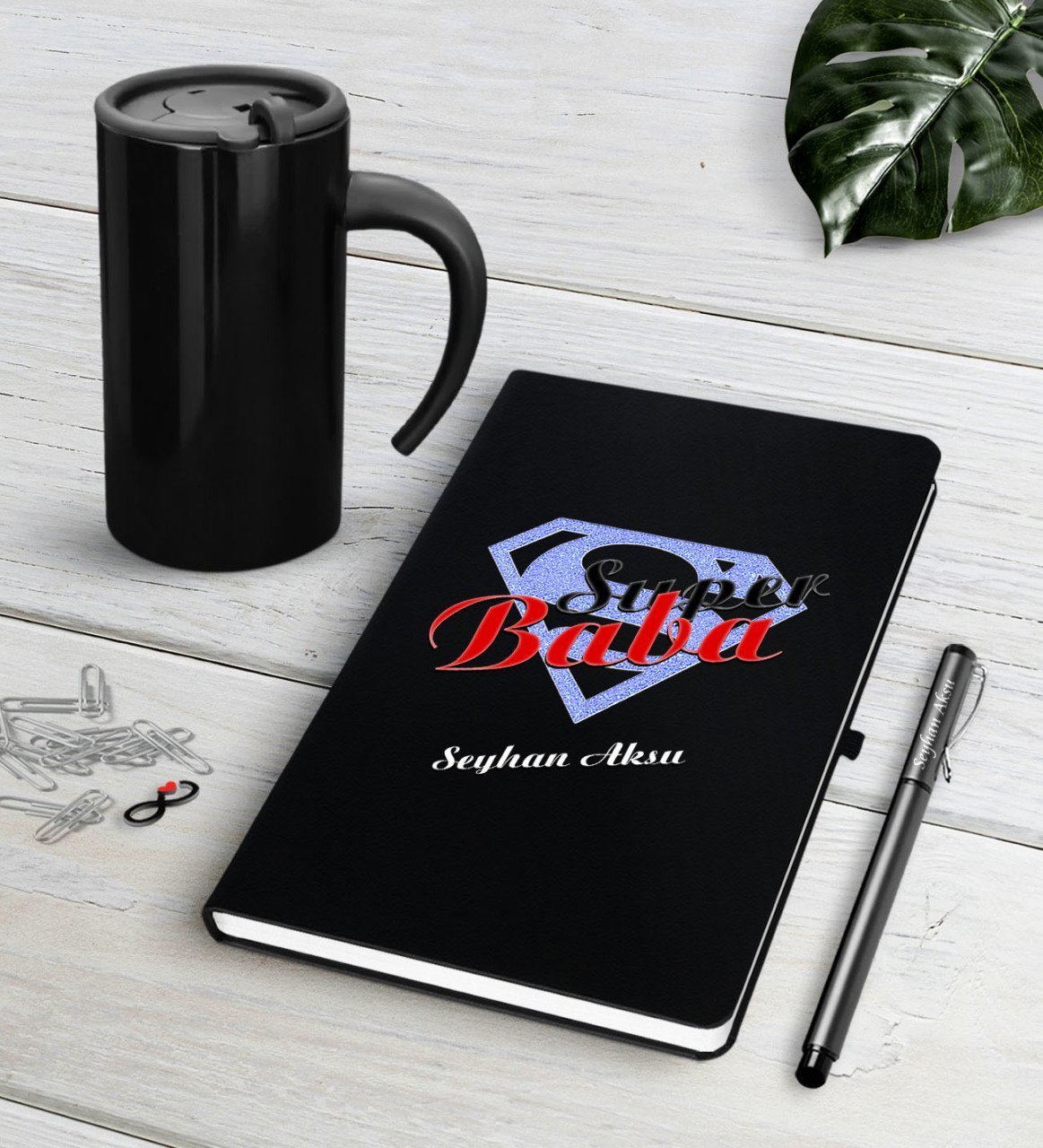 Kişiye Özel Süper Baba Siyah Defter Kalem Termos Mug Seti-5