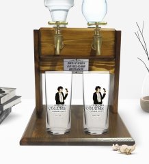 Kişiye Özel Renkli Baskılı Çünkü Sen Çölüme Yağmur Oldun Tasarımlı İkili Rakı Bardağı ve Çift Musluklu Doğal Ahşap Rakı Standı-2