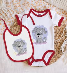 BK Kids Sevimli Köpek Tasarımlı Kırmızı Bebek Body Zıbın ve Mama Önlüğü Hediye Seti-1
