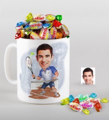 Kişiye Özel Bay Tenis Oyuncusu Karikatürlü Kupa ve Haribo Şeker Hediye Seti-1