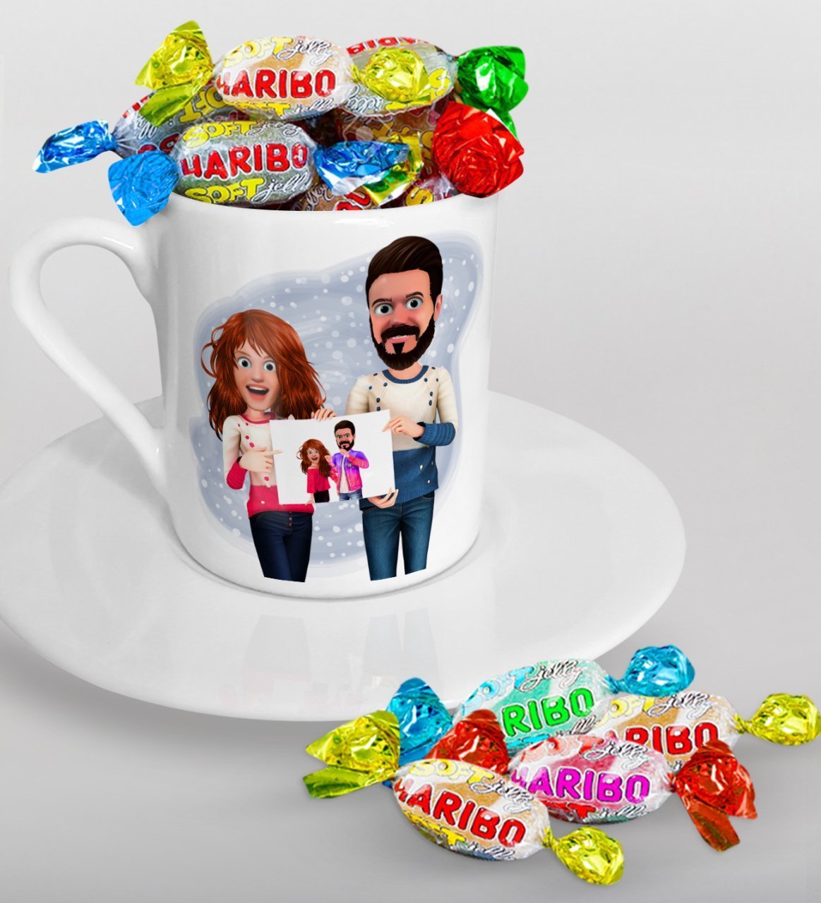 Kişiye Özel Sevgililer Animasyonlu Karikatürlü Türk Kahvesi Fincanı ve Haribo Şeker Hediye Seti-33