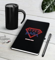 Kişiye Özel Süper Baba Siyah Defter Kalem Termos Mug Seti-3
