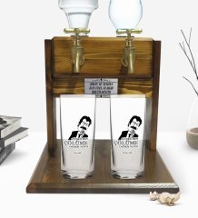 Kişiye Özel Renkli Baskılı Çünkü Sen Çölüme Yağmur Oldun Tasarımlı İkili Rakı Bardağı ve Çift Musluklu Doğal Ahşap Rakı Standı-1