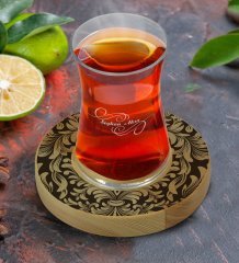Kişiye Özel Retro Motif Tasarımlı Doğal Ahşap Tabaklı Heybeli Çay Bardağı Model 6