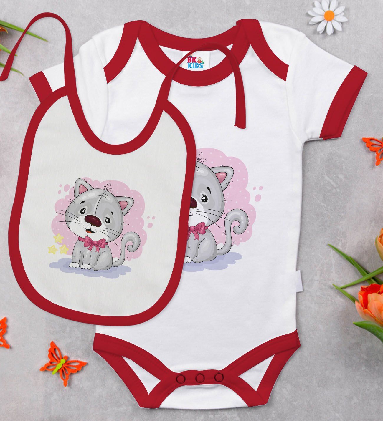 BK Kids Sevimli Kedi Tasarımlı Kırmızı Bebek Body Zıbın ve Mama Önlüğü Hediye Seti-1