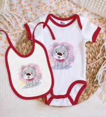 BK Kids Sevimli Kedi Tasarımlı Kırmızı Bebek Body Zıbın ve Mama Önlüğü Hediye Seti-1