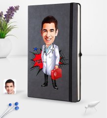 Kişiye Özel Erkek Doktor Karikatürlü Siyah Termo Deri Defter 16x24cm Model 4