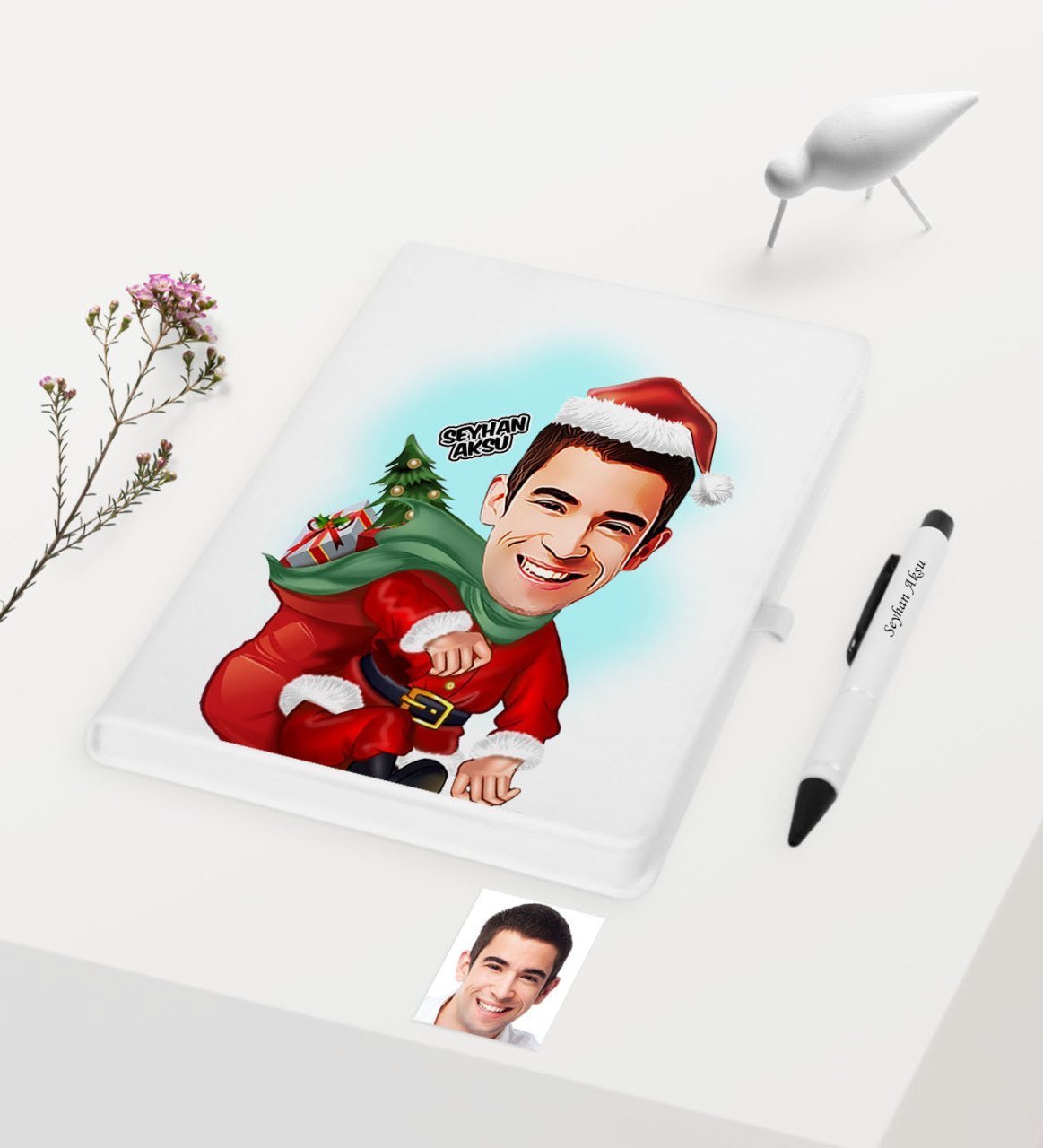 Kişiye Özel Yılbaşı Temalı Bay Karikatürlü Beyaz Defter Kalem Seti - 4