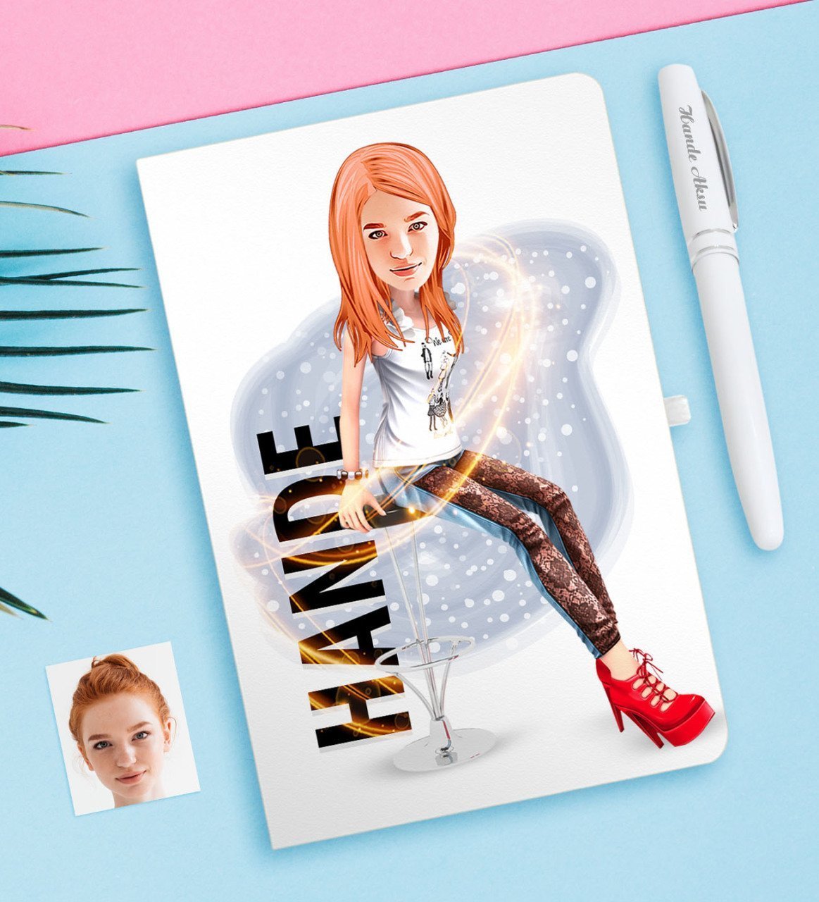 Kişiye Özel Bayan Karikatürlü Beyaz Defter ve Kalem Hediye Seti-39