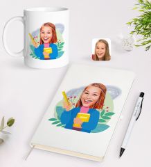 BK Gift Kişiye Özel Öğretmen Karikatürlü Beyaz Defter Kalem Kupa Seti - 6