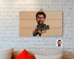 Kişiye Özel Erkek Gitarist Karikatürlü Otantik Ahşap Palet Tablo-1