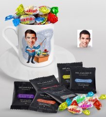 Kişiye Özel Bay Öğretmen Karikatürlü Türk Kahvesi Fincanı Selamlique Karışık Türk Kahvesi ve Haribo Şeker Hediye Seti-5