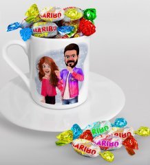 Kişiye Özel Sevgililer Animasyonlu Karikatürlü Türk Kahvesi Fincanı ve Haribo Şeker Hediye Seti-32