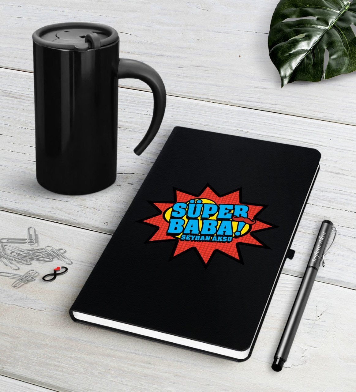 Kişiye Özel Süper Baba Siyah Defter Kalem Termos Mug Seti-2