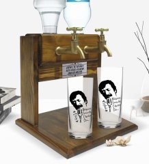 Kişiye Özel Renkli Baskılı Çılgınlar Gibi Tasarımlı İkili Rakı Bardağı ve Çift Musluklu Doğal Ahşap Rakı Standı-1