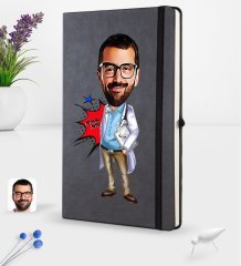 Kişiye Özel Erkek Doktor Karikatürlü Siyah Termo Deri Defter 16x24cm Model 3