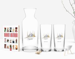 Kişiye Özel Renkli Baskılı İstanbul Tasarımlı Turistik İkili Rakı Bardağı Karaf ve Cep Kitabı Hediye Seti-4