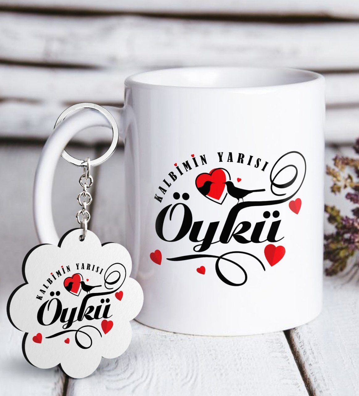 Kişiye Özel Sevgililer Günü Beyaz Kupa ve Anahtarlık Hediye Seti-128