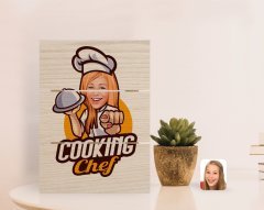 Kişiye Özel Kadın Chef Karikatürlü Otantik Masaüstü Ahşap Palet Çerçeve-15