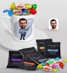 Kişiye Özel Bay Öğretmen Karikatürlü Türk Kahvesi Fincanı Selamlique Karışık Türk Kahvesi ve Haribo Şeker Hediye Seti-4