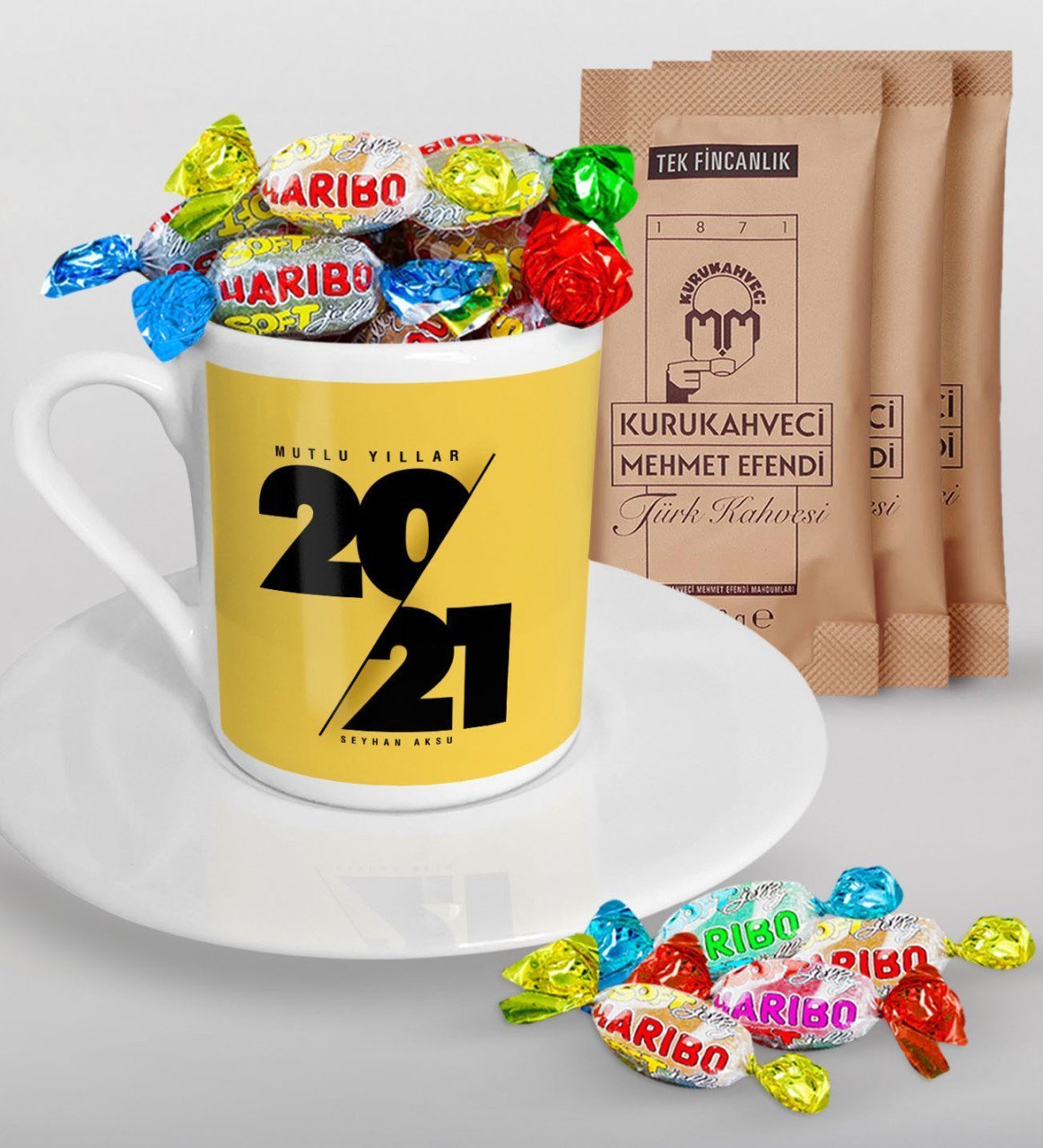 BK Gift Kişiye Özel 2023 Mutlu Yıllar Türk Kahvesi Fincanı Mehmet Efendi Kahve ve Haribo Şeker Hediye Seti-9