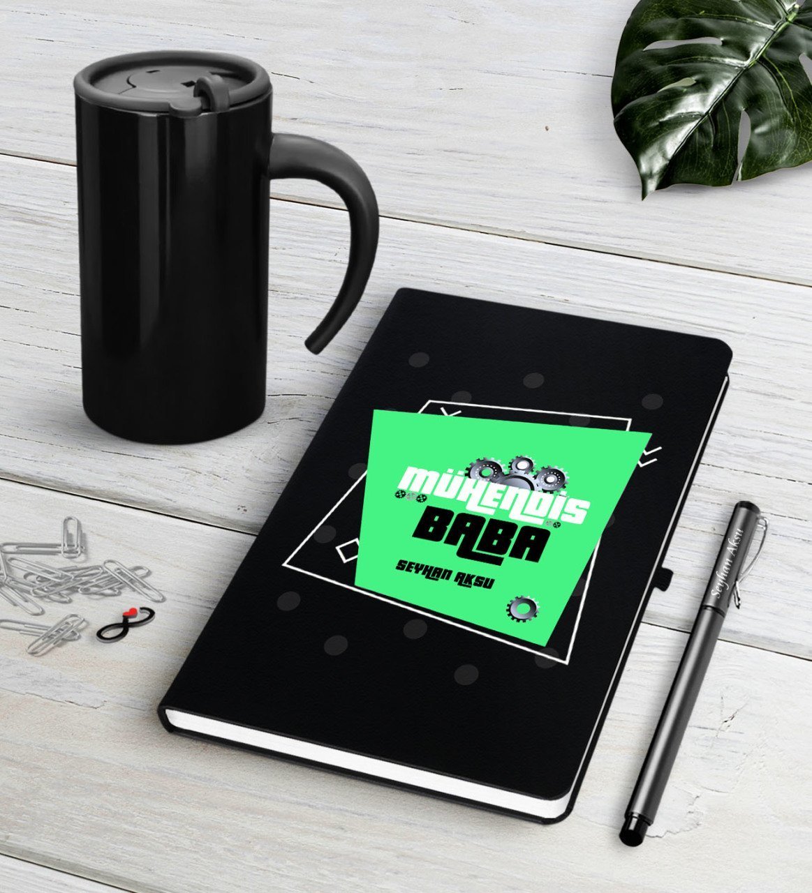 Kişiye Özel Mühendis Baba Siyah Defter Kalem Termos Mug Seti-2