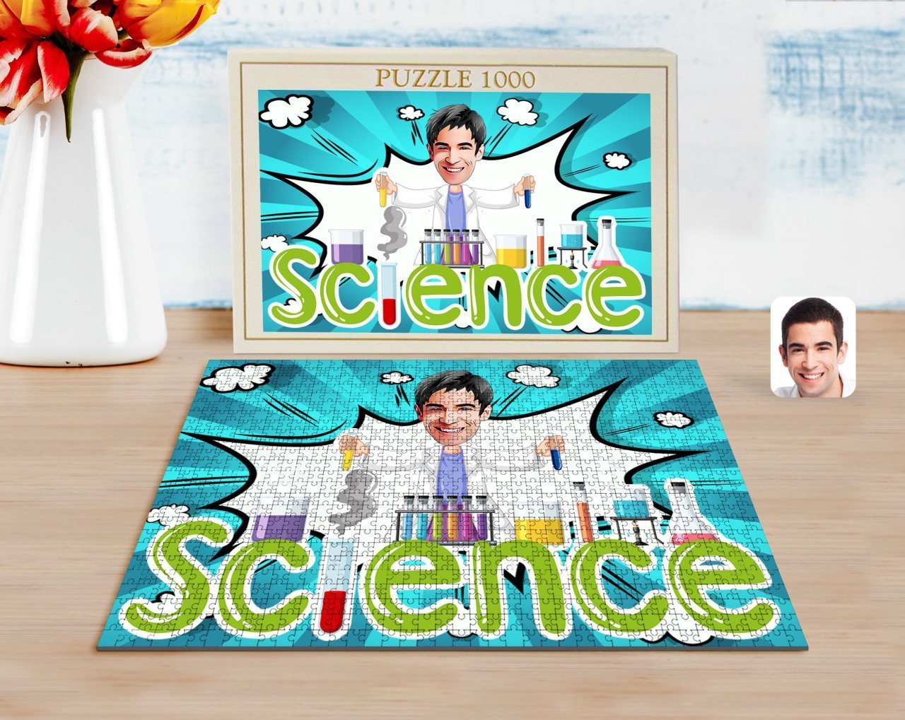 Kişiye Özel Erkek Fen Bilimleri Öğretmeni Karikatürlü 1000 Parça Profesyonel Puzzle-1