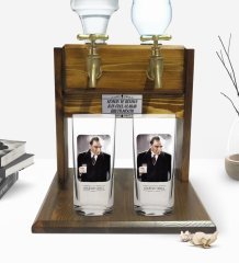 Kişiye Özel Renkli Baskılı Atatürk Tasarımlı İkili Rakı Bardağı ve Çift Musluklu Doğal Ahşap Rakı Standı-33