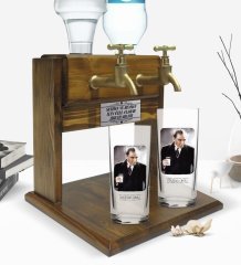 Kişiye Özel Renkli Baskılı Atatürk Tasarımlı İkili Rakı Bardağı ve Çift Musluklu Doğal Ahşap Rakı Standı-33