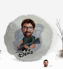 Kişiye Özel İsimli Erkek Gitarist Karikatürlü Yuvarlak Dekoratif Kırlent Yastık-1