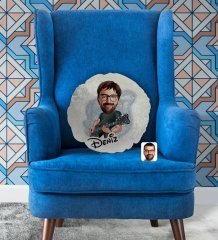 Kişiye Özel İsimli Erkek Gitarist Karikatürlü Yuvarlak Dekoratif Kırlent Yastık-1