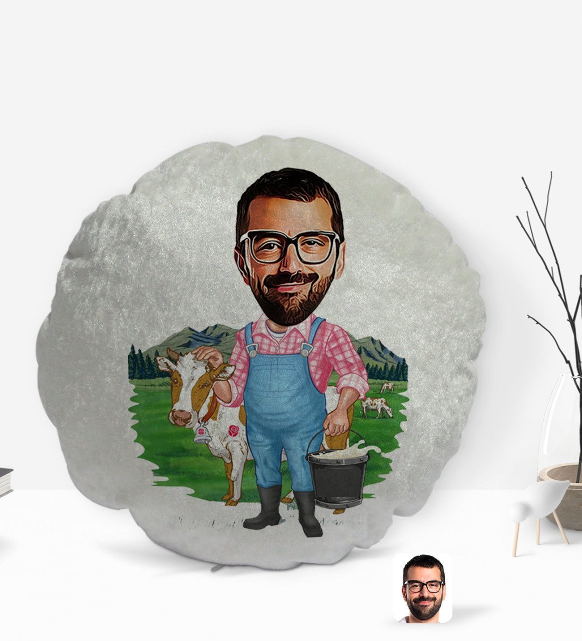 Kişiye Özel Çiftçi Karikatürlü Yuvarlak Dekoratif Kırlent Yastık-1