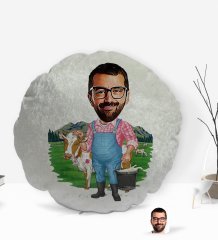 Kişiye Özel Çiftçi Karikatürlü Yuvarlak Dekoratif Kırlent Yastık-1