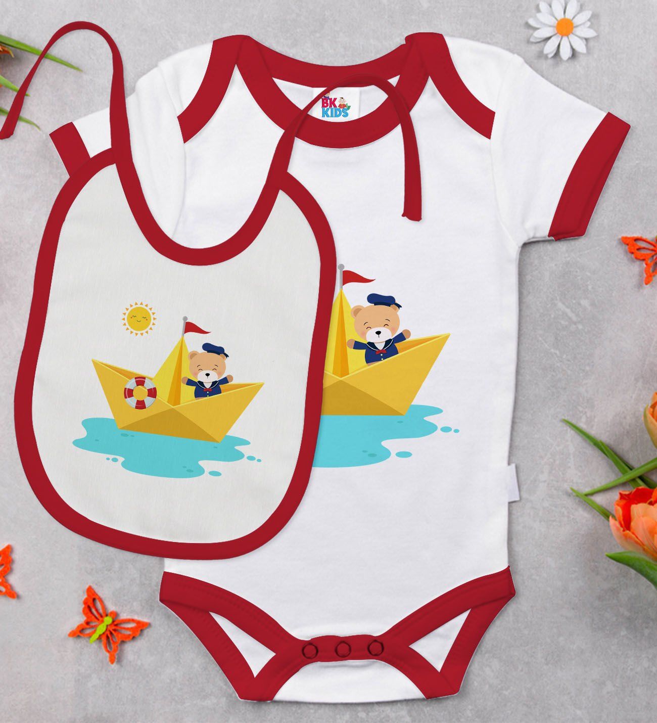BK Kids Sevimli Kaptan Tasarımlı Kırmızı Bebek Body Zıbın ve Mama Önlüğü Hediye Seti-1